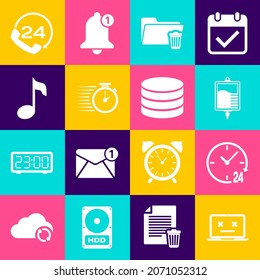 Set Dead laptop, Clock 24 hours, IV bag, Delete folder, Stopwatch and Music note, tone icon. Vector