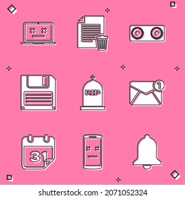 Set Dead laptop, Delete file document, Stereo speaker, Floppy disk, Tombstone with RIP written and New, email incoming message icon. Vector
