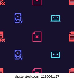 Set Dead laptop, Hard disk drive HDD protection, Delete file document and  on seamless pattern. Vector