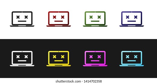 Set Dead laptop icon isolated on black and white background. 404 error like laptop with dead emoji. Fatal error in pc system. Vector Illustration