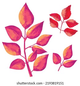 set of dead leaves in red color, autumn trees illustration