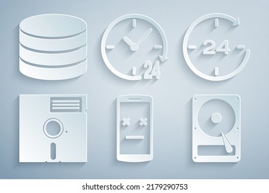 Set Dead mobile, Clock 24 hours, Floppy disk in the 5.25-inch, Hard drive HDD,  and Database icon. Vector