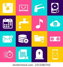 Set Dead mobile, Stereo speaker, Cloud database, Water tap,  and Calendar icon. Vector
