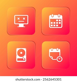 Set Dead monitor, Calendar, Hard disk drive HDD and and clock icon. Vector