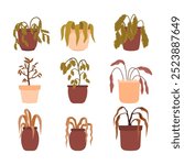 Set of dead plant in pot collection, withered wilted dead houseplant with dying dry sick leaf in bad condition, brown dry leaves, leaves droop, hang lifeless, flat vector illustration.