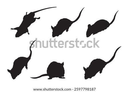 Set of dead rat silhouettes in black, featuring realistic rat icons isolated on a white background
