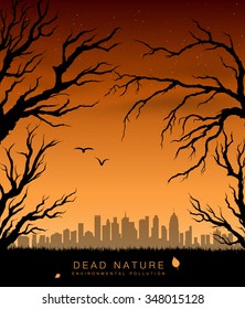 set of dead tree branches against the backdrop of the city
