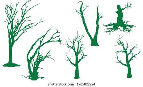 set of dead Trees silhouette on white background