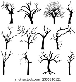 conjunto de siluetas de árboles muertos, vector de árbol muerto