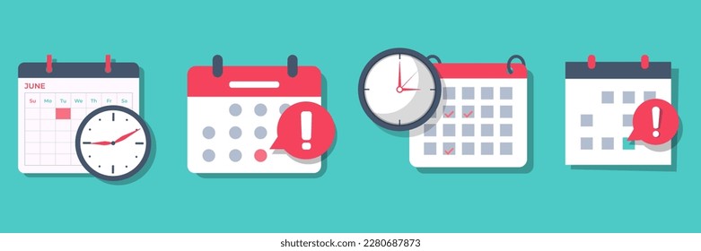 Set of deadline calendar with clock and attention icon