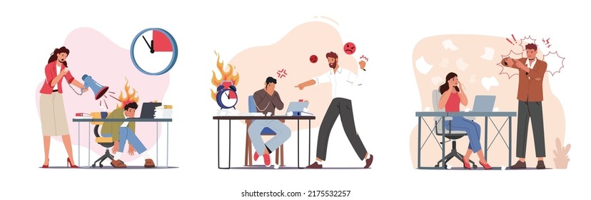 Set Deadline, Lack of Time, Stress in Office Concept. Furious Boss Scolding and Rebuking Incompetent Employees, Shouting on Businessman and Businesswoman at Workplace. Cartoon Vector Illustration