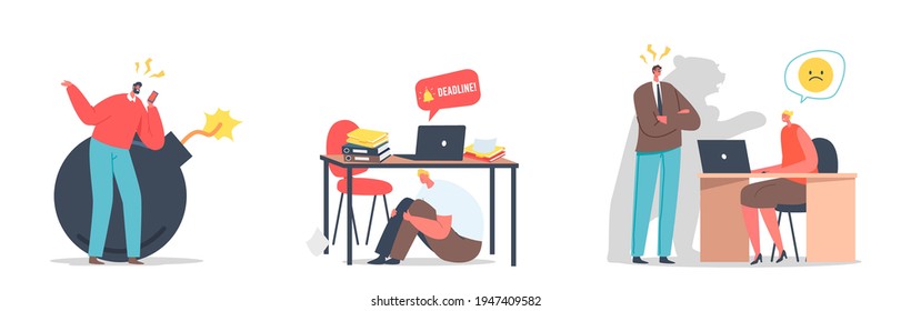 Set Deadline, Stress at Work Concept. Angry Boss Yelling on Anxious Business People, Stressed Workers Hurry Up with Job. Clerk Characters in Office Workplace, Panic, Fear. Cartoon Vector Illustration