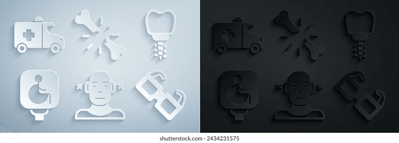 Set Sordo, Implante dental, Silla de ruedas para discapacitados, Gafas, Hueso roto humano e icono de coche de emergencia. Vector