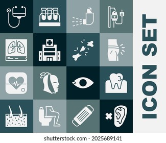 Set Deaf, Zahn mit Karies, Bauchblüte, Inhaler, Krankenhausgebäude, Lungen-Röntgen, Stethoskop und menschliches Knochensymbol. Vektorgrafik