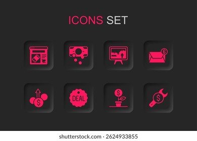 Set Deal, Stacks paper money cash, Online shopping screen, Dollar plant, Mail and e-mail, Repair price, Monitor with graph chart and Financial growth dollar icon. Vector