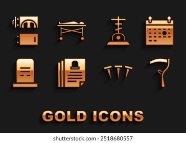 Set Death certificate, Calendar death, Scythe, Metallic nails, Grave with tombstone, cross, Crematorium and Dead body in morgue icon. Vector