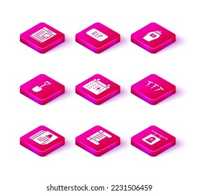 Set Death certificate, Decree, parchment, scroll, Shovel, Calendar death, Signboard tombstone, Metallic nails, Funeral urn and Speech bubble rip icon. Vector