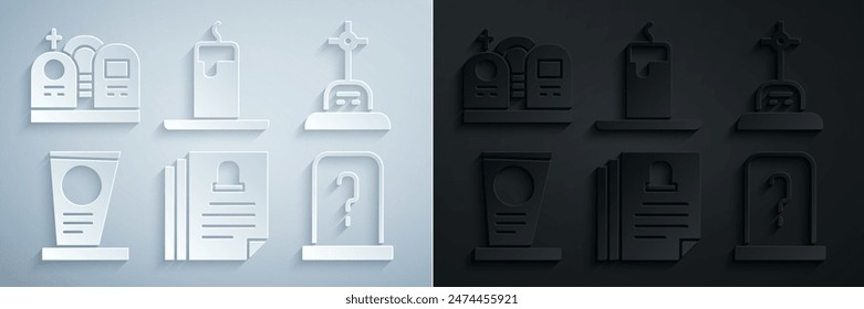 Set Death certificate, Grave with cross, tombstone, Burning candle and  icon. Vector