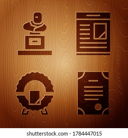 Set Death certificate, Grave with tombstone, Memorial wreath and Obituaries on wooden background. Vector