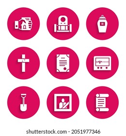 Set Death certificate, Mourning photo frame, Decree, parchment, scroll, Beat dead monitor, Shovel, Christian cross, Funeral and hand icon. Vector
