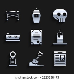 Set Death Certificate, Shovel In The Ground, Obituaries, Burning Candle, Location Grave, Coffin With Dead, Skull And Dead Body Morgue Icon. Vector