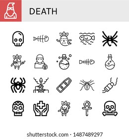 Set of death icons such as Executioner, Skull, Fishbone, Ghost, Dead, Black widow, Pirate, Poison, Spider, Pollution, Spinal board, Health, Zombie, Ankh , death