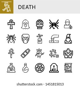 Set of death icons such as Injury, Ankh, Executioner, Skull, Black widow, Pirate, Tarantula, Pollution, Poison, Spinal board, Crime scene, Health, Radioactive, Grave, Guillotine , death