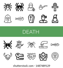 Set of death icons such as Tarantula, Executioner, Spider, Fishbone, Pirate, Coffin, Smoking pipe, Ankh, Black widow, Skull, Dead, Pollution, Health , death