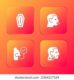 Set Death from smoking, Man coughing, Healthy breathing and Throat cancer icon. Vector