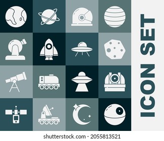 Set Death star, Astronomical observatory, Asteroid, Astronaut helmet, Rocket ship, Earth globe and UFO flying spaceship icon. Vector