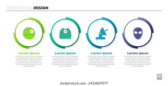 Set Death star, Astronomische Observatorium, Satellite-Gericht und Alien. Infografik-Vorlage für Unternehmen. Vektorgrafik