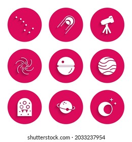 Set Death star, Planet, Moon and stars, Alien, Black hole, Telescope and Great Bear constellation icon. Vector