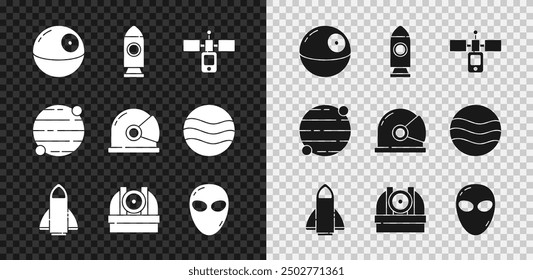 Set Todesstern, Raketenschiff, Satellit, Astronomische Sternwarte, Alien, Planet und Astronaut Helm Symbol. Vektorgrafik