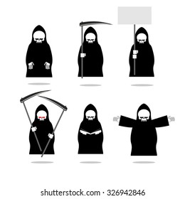 Set deaths in overalls. Grim Reaper in different poses. Skeleton in cloak with  scythe. doom in black clothing with an empty plate. Death holds  book. icons for Halloween.