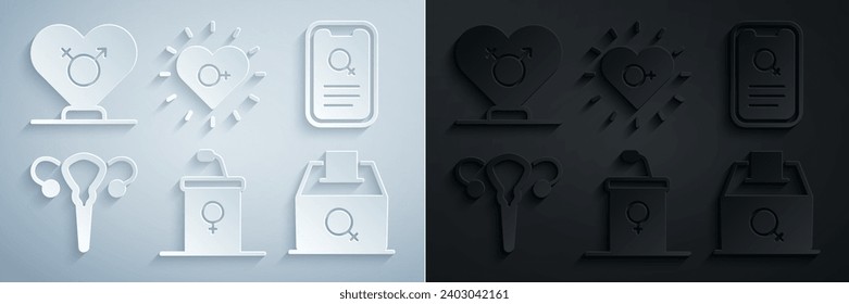 Setzen Sie Debate Podium rostrum, Dating App, Weibliche Reproduktionssysteme, Stimmrecht, Feminismus und Geschlecht Symbol. Vektorgrafik