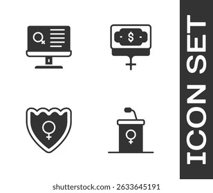 Set Debate podium rostrum, Dating app, Gender shield, Female and Money growth woman icon. Vector