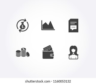 Set of Debit card, Money exchange and Line chart icons. Banking money, Comments and Woman signs. Wallet with credit card, Cash in bag, Financial graph. Vector