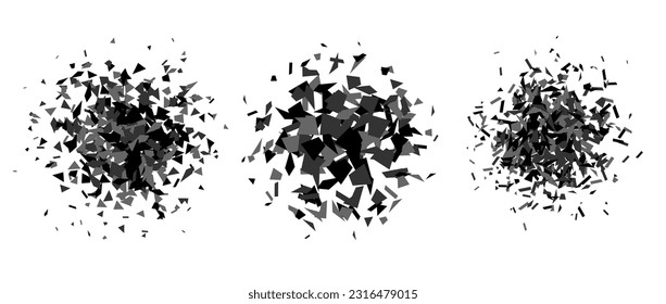 Satz von Trümmern und Brütern in radialer Form. Schwarze und graue Bruchstücke, Flecken, Fesseln und Teilchen. Abstrakte Explosion und zerbrochene strukturierte Elementsammlung. Vektorgrafik 