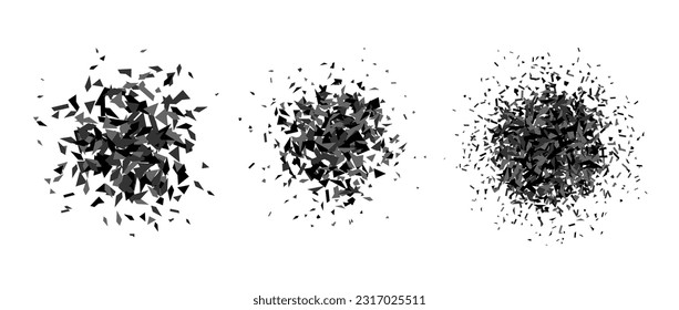 Set of debris and shatters in radial shape. Black and grey broken smashed pieces, specks, speckles and particles. Abstract explosion and burst textured elements collection. Vector illustration 