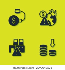 Poner la bola de deuda encadenada a la moneda, disminución de la tasa de dólares, cierre de fábricas e icono de la crisis económica global. Vector