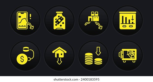 Set Debt ball chained to coin, Pie chart infographic, Falling property prices, Dollar rate decrease, Shutdown of factory, Glass money jar with, Safe and Mobile stock trading icon. Vector