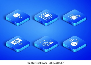 Set Debt ball chained to coin, Briefcase, Dollar rate decrease, Contract money and pen and Calculation of expenses icon. Vector