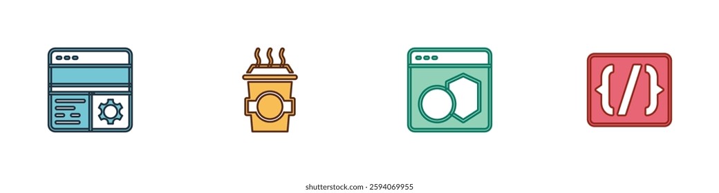 Set Debugging, Coffee cup to go, Software and Programming language syntax icon. Vector