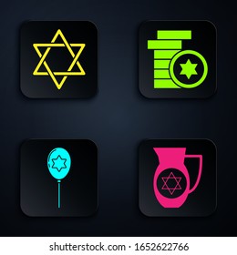 Set Decanter with star of david, Star of David, Balloons with ribbon with star of david and Jewish coin. Black square button. Vector