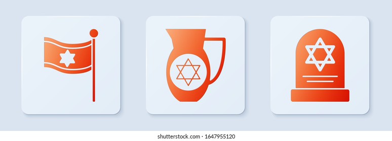Set Decanter with star of david, Flag of Israel and Tombstone with star of david. White square button. Vector