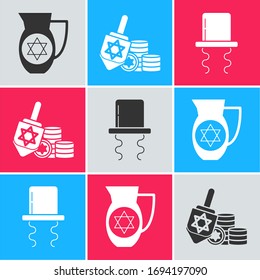 Set Decanter with star of david, Hanukkah dreidel and coin and Orthodox jewish hat with sidelocks icon. Vector