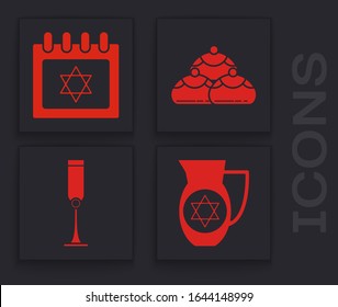 Set Decanter with star of david, Jewish calendar with star of david, Jewish sweet bakery and Jewish goblet icon. Vector