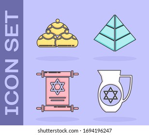 Set Decanter with star of david, Jewish sweet bakery, Torah scroll and Egypt pyramids icon. Vector