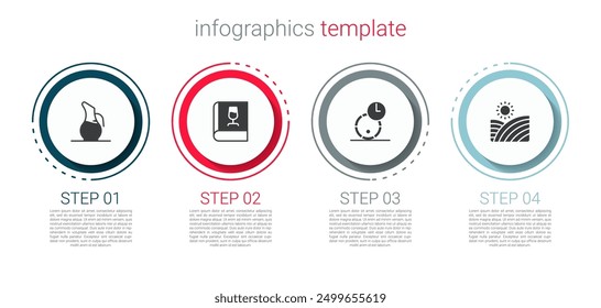 Set Decanter for wine, Book about, Wooden barrel and Vineyard grapes. Business infographic template. Vector