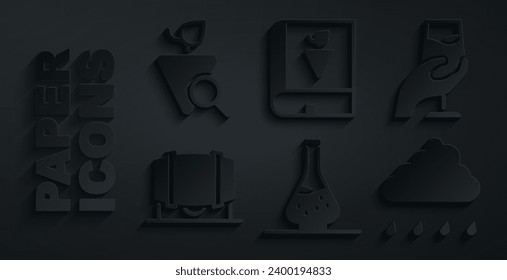 Set Decanter para vino, degustación de vinos, degustation, barril de madera, nube con lluvia, libro sobre uvas y icono de uvas. Vector